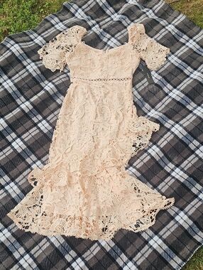 Lulu's Peach Crochet Detail Midi Dress